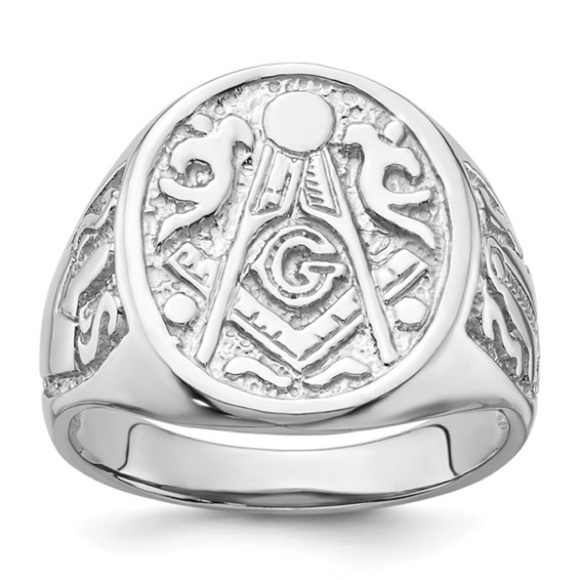 14k White Gold Men's Polished and Grooved Masonic Ring